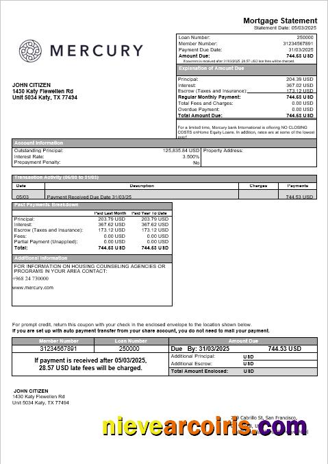 USA CA San Francisco Mercury bank mortgage statement